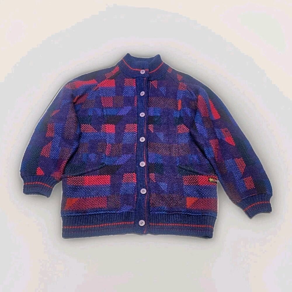 Vtg 80s Womens Crowneck Long Cardigan Sweater Geometric Knit Wool Mohair XL